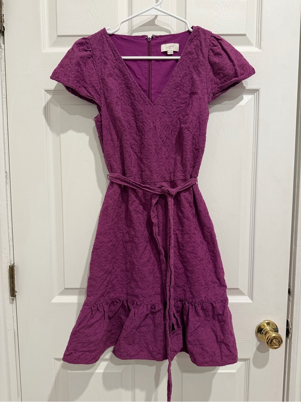 LOFT Plum Textured V-Neck Belted Work Dress